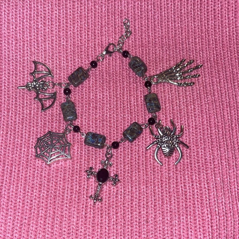 Gothic Silver Charm Bracelet with Black Beads